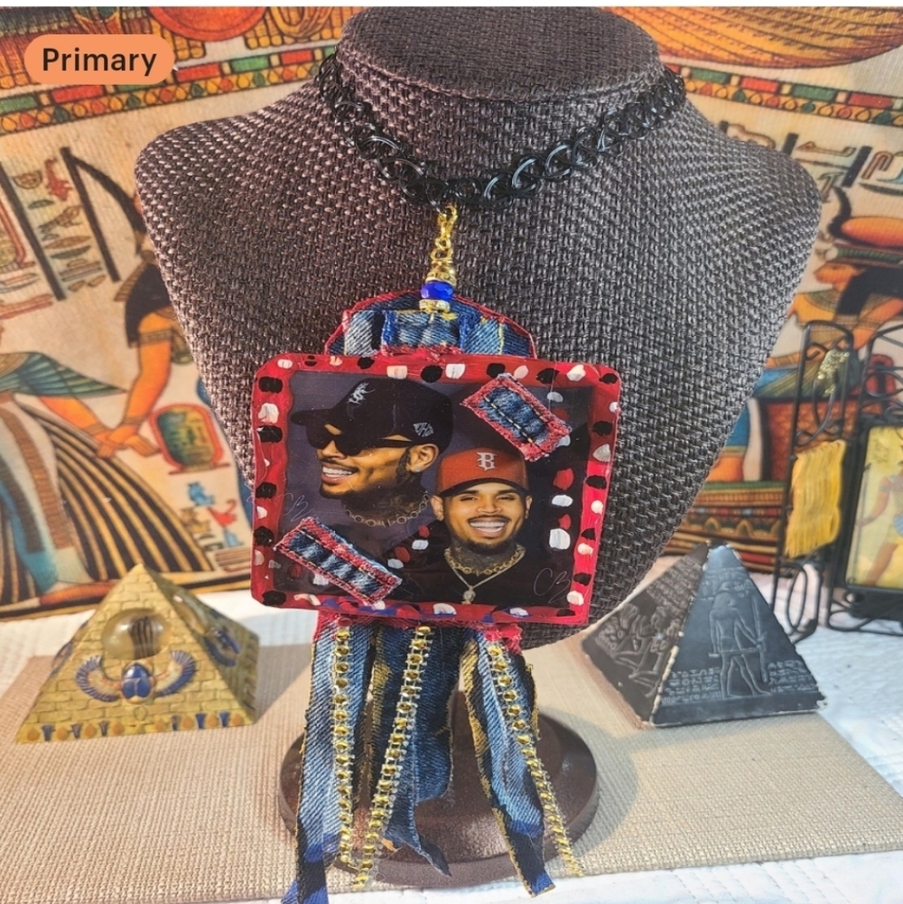 Colorful Necklace with Denim and Red Accents R & B Artist Chris Brown